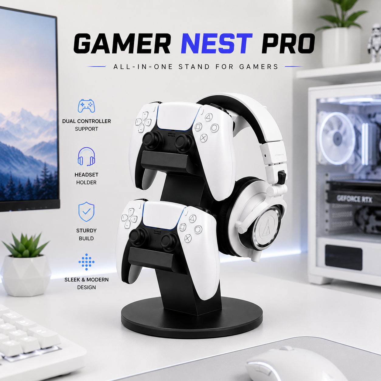 Gamer Nest Pro – PS5 Dual Sense Controller & Headphone Stand