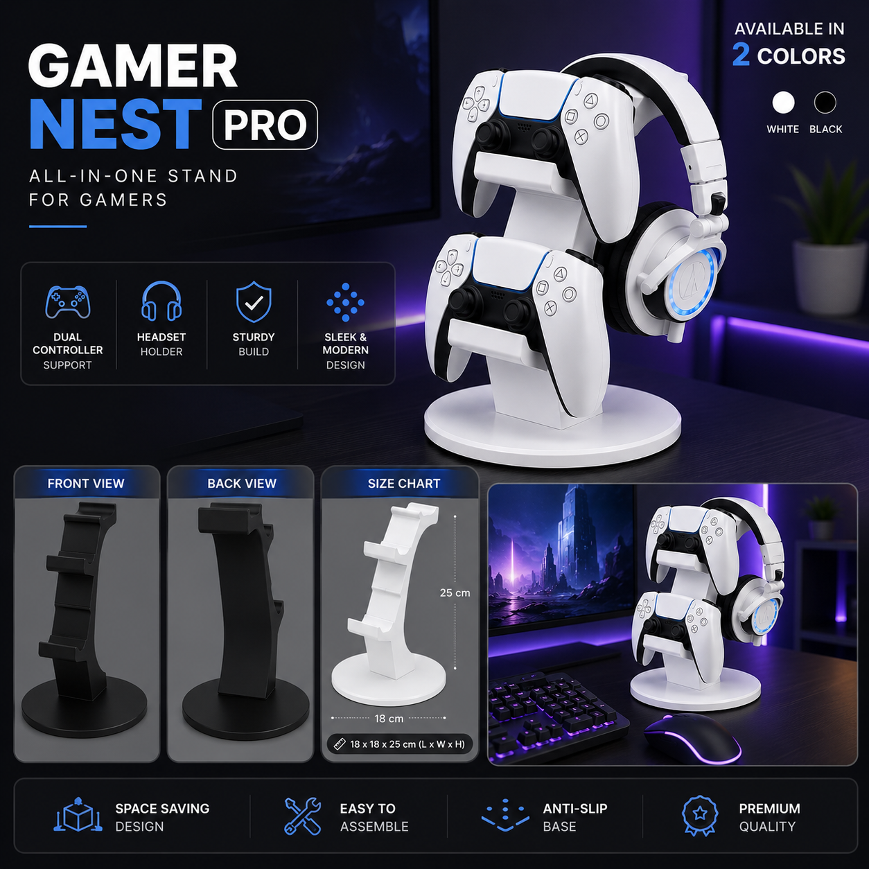 Gamer Nest Pro – PS5 Dual Sense Controller & Headphone Stand